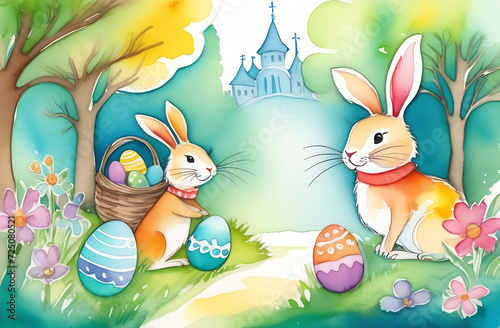 Easter storybook scene, where whimsical characters, adorned with festive attire, come to life in a vibrant and enchanting world 