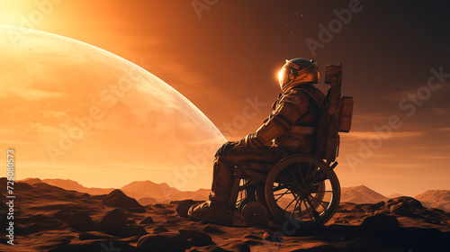 astronaut dressed in a spacesuit seated in a wheelchair exploring a new planet - space travel and search for life on other planets concept