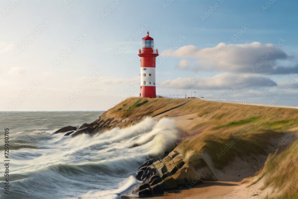 Leuchturm an einer steilen Küste. Die Wellen brechen gegen die Küste und die Gist spritzt auf den Leuchtturm. Rot weißter Leuchtturm