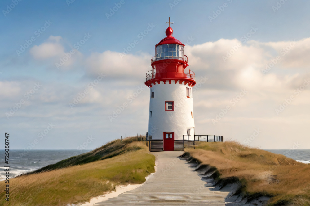 Atemberaubende Küste mit einem Leuchtturm. Der Turm ist zentral im Bild und Meilen im Meet zu sehen. Leuchtturm in rot weiß