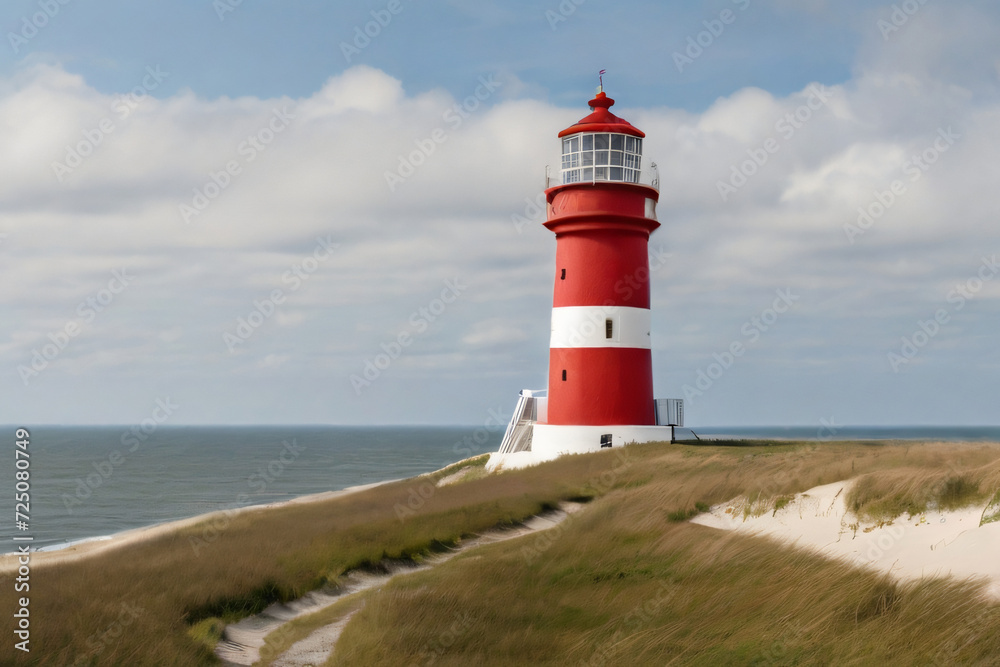 Leuchtturm auf einer Sandigen Küste mit leicht bewachsenem Grasland. Der Turm ist rot weiß und am Tag und in der Nacht weit zu sehen. Das Leuchtturmlicht strahlt über das Meer