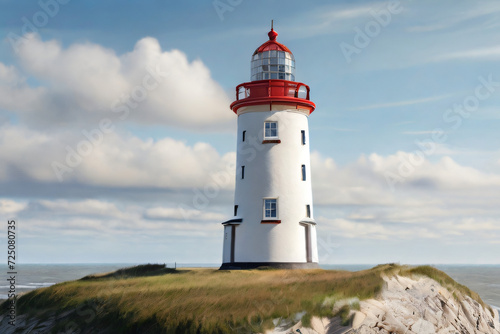 Weißer Leuchtturm auf einem Küstenstreifen. Weit zu sehender Turm der mit seinem Licht die Schiffe vor dem Küstenstreifen bei schlechtem Wetter warnt. Leuchtturm © AutoMation