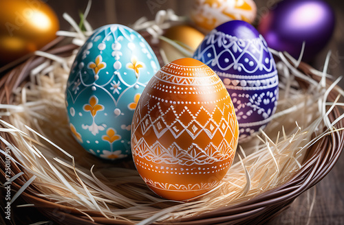 Intricately decorated Easter egg with delicate patterns and vibrant spring colors, highlighting the traditional aesthetics of holidays