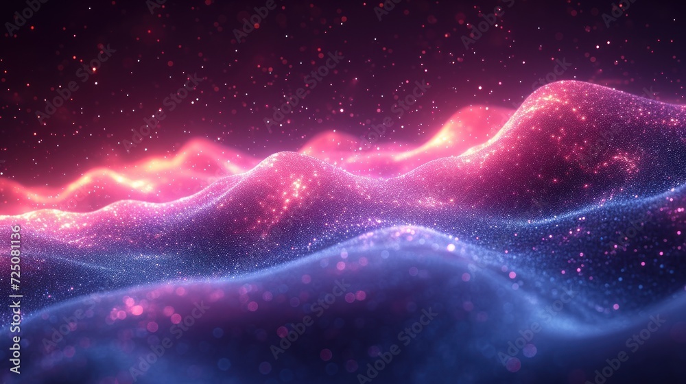 a computer generated image of a wave of blue and pink colors with stars in the background and a black background. a computer generated image of a wave of blue and pink colors with stars in the background and a black background.