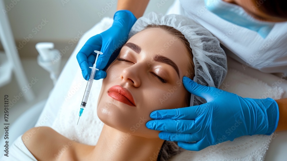 Cosmetologist makes rejuvenating anti wrinkle injections on the face of a beautiful woman. Female aesthetic cosmetology in a beauty salon