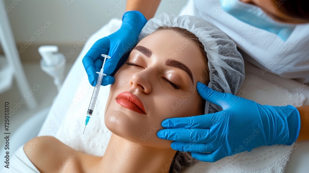 Cosmetologist makes rejuvenating anti wrinkle injections on the face of a beautiful woman. Female aesthetic cosmetology in a beauty salon Cosmetologist makes rejuvenating anti wrinkle injections on the face of a beautiful woman. Female aesthetic cosmetology in a beauty salon