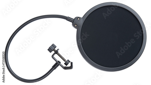 Pop Filter. Pop Filter mount for mic or microphone stand. Condenser or dynamic microphone pop filter. Professional musical, audio voice vocal equipment for broadcast podcast studio or singer artist.  photo