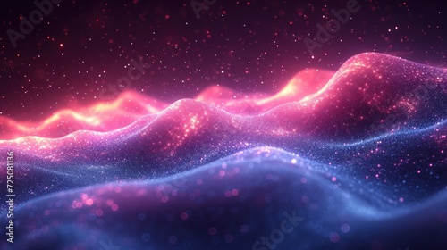  a computer generated image of a wave of blue and pink colors with stars in the background and a black background.