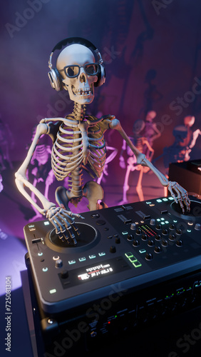 3D rendered illustration of a Skeleton DJ at the mixing console surrounded by dancing skeletons in a club atmosphere with colourful lighting and smoke effect. Halloween party.