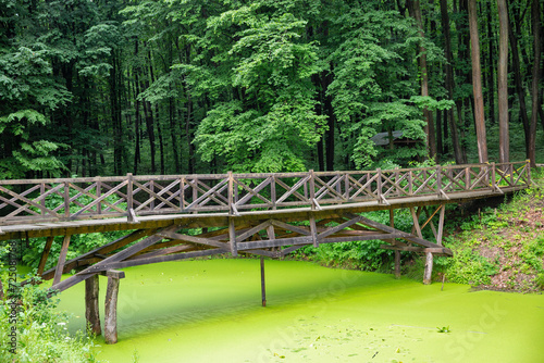 Wooden foot bridge over pond in Halych Ethnography museum, Ukraine. photo
