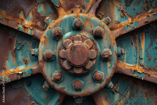 A closeup image of a rusting, pitted tractor wheel