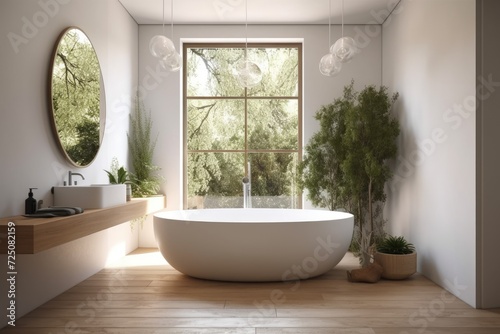 Large white bathtub  wooden floor  white walls  and a potted plant in a luxurious resort spa or villa bathroom. Concept of self care and relaxation. a mockup