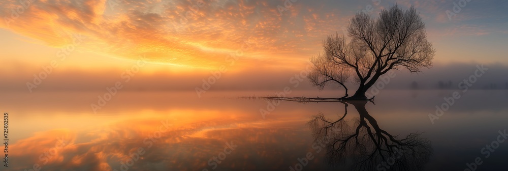 a lone tree grows on a small island in a lake at sunset 