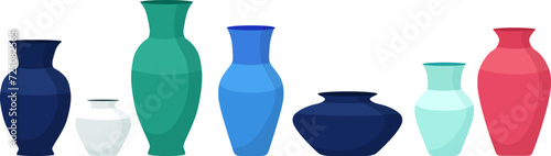 Collection of various colorful vases in flat design. Set of classic and modern vases for interior decoration vector illustration.