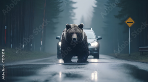 A wild bear in the middle of a road. A car behind.
 photo