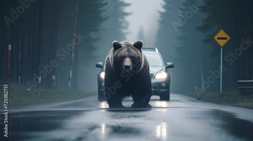 A wild bear in the middle of a road. A car behind.
