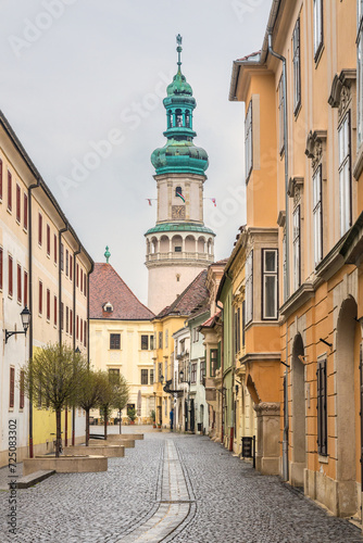 Firewatch Tower with historic street in Sopron, Hungary, Europe.