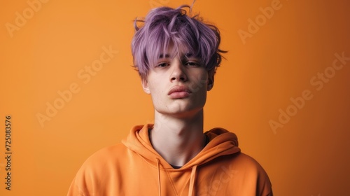 Portrait of a handsome guy with tinted light lilac hair on orange background. 