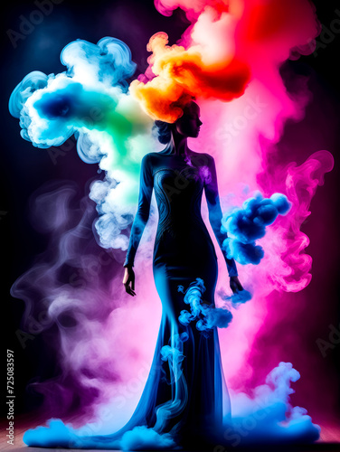 Woman in long dress with colorful smoke coming out of her head.