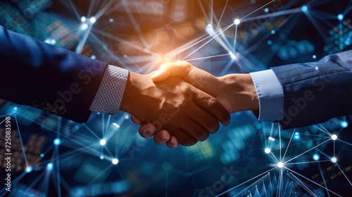 Business people shaking hands with global network connection effect for stock market deal © wikkie