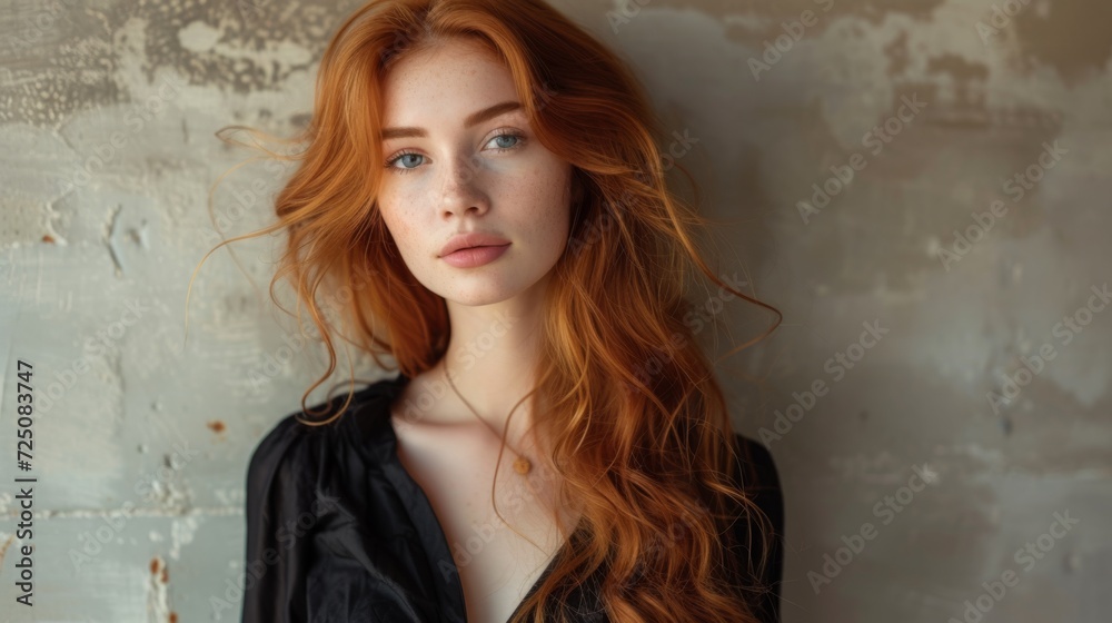 A charming red-haired woman in a classic black blouse, exemplifying her refined taste and effortless elegance A charming red-haired woman in a classic black blouse, exemplifying her refined taste and effortless elegance