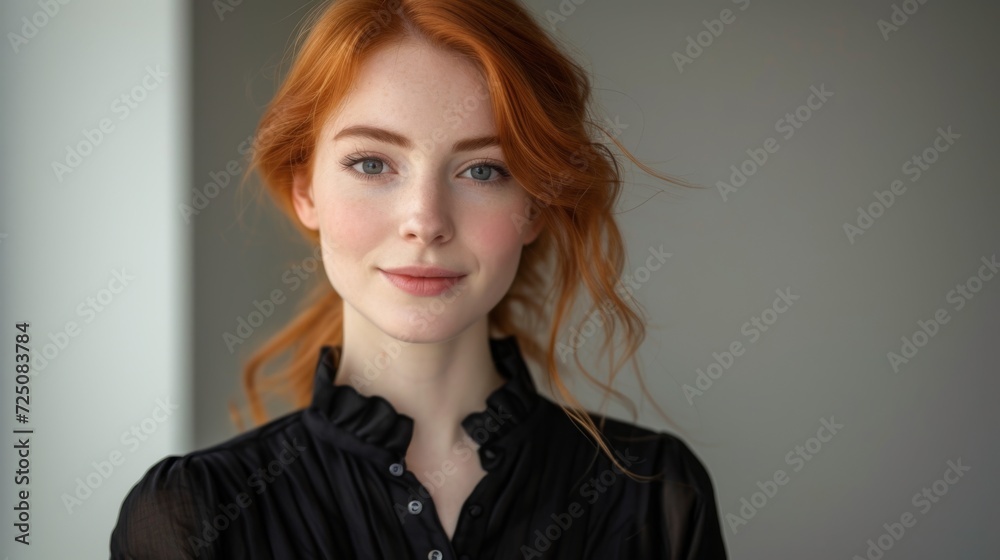 A charming red-haired woman in a classic black blouse, exemplifying her refined taste and effortless elegance A charming red-haired woman in a classic black blouse, exemplifying her refined taste and effortless elegance