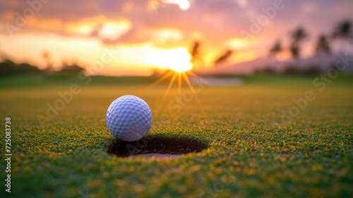 Close up of golf ball near hole with sunset background. generative AI image photo