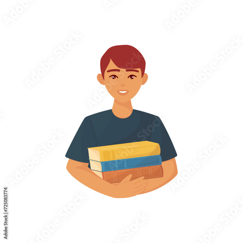 Bright cartoon illustration of young boy pupil holding books. Graphic print concept of reading, knowledge, studying and education. Vector colorful school and science element
