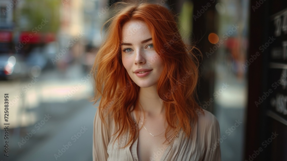 an elegant young woman with bright red hair, posing on a city street in a stylish blouse, showcasing her confidence and modern taste
