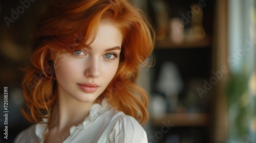 A young woman with fiery red hair, preparing for an evening event, her elegant blouse perfectly suited for the formal occasion
