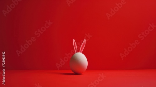  a white egg with a rabbit's head sticking out of it's egg shell on a red background.