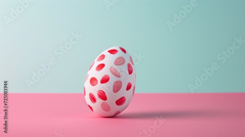  a red and white egg sitting on top of a pink and blue surface with a blue and green wall in the background.