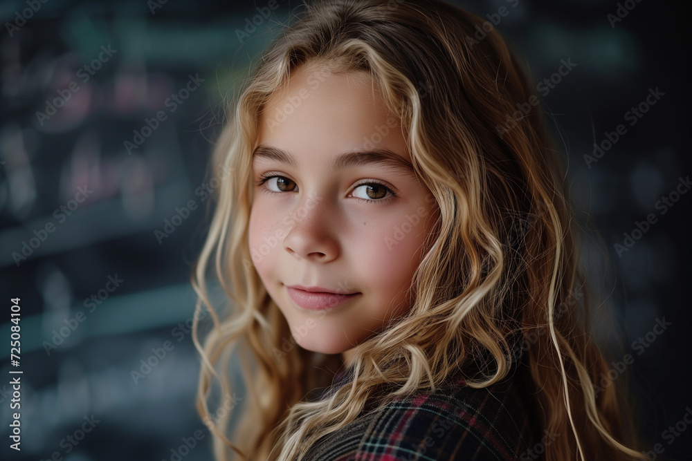 School girl 12-14 years blonde hair and brown eyes, cute, pretty, smiling, looking at camera, back to school concept, with a school blackboard in the background behind the back School girl 12-14 years blonde hair and brown eyes, cute, pretty, smiling, looking at camera, back to school concept, with a school blackboard in the background behind the back