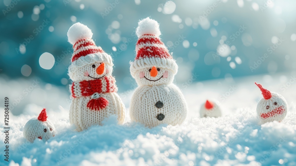 knitted little snowman in the snow on a blur background. generative AI