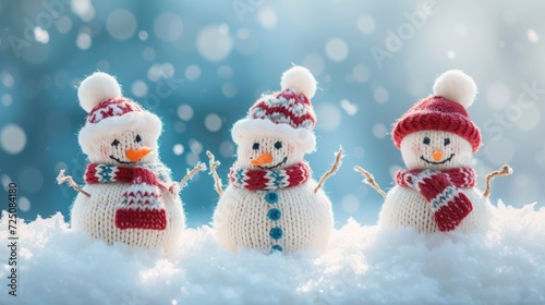 knitted little snowman in the snow on a blur background. generative AI © wikkie