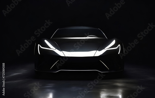 Black sports car on black background with copy space