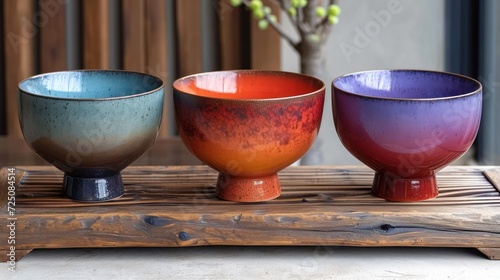  a group of three bowls sitting on top of a wooden table next to a vase with a plant in it.