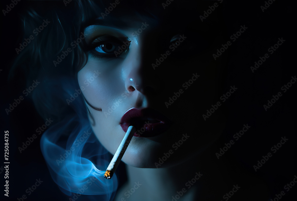 Obraz premium Close up picture of beautiful woman smoking in a dark room with back lighting.