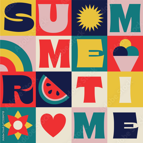 Summer time. Lettering and icons composition in a vector and flat design. Vector symbols on summer mood. Square composition.