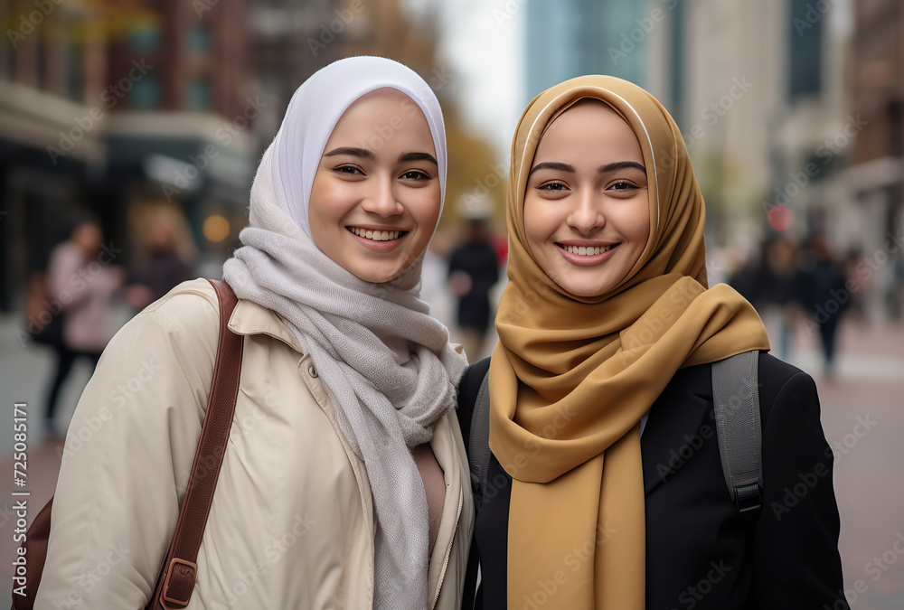 two young beautiful muslim woman wearing hijab smling in the street.
