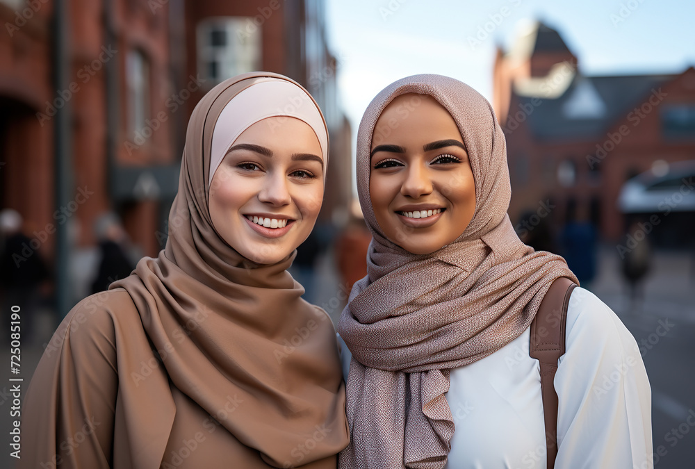 two young beautiful muslim woman wearing hijab smling in the street. two young beautiful muslim woman wearing hijab smling in the street.