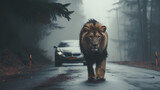 A wild lion in the middle of a road. A car behind.
