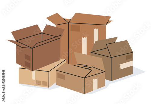 Bunch of boxes. Hand drawn cardboard stacked boxes, carton box pile, warehouse box stack flat vector illustration. Moving concept on white