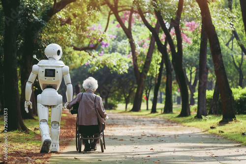 humanoid robot assisting an elderly person with walking in a park photo