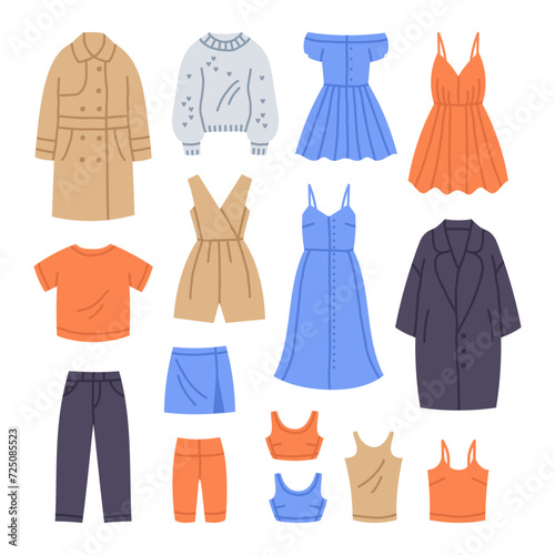 Trendy fashion clothes. Stylish outfits clothing, coat, sweater, jeans, jacket and dress flat vector illustration set. Female modern garments