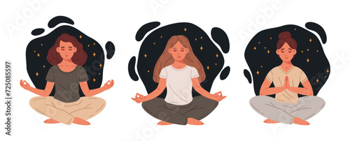 Women in yoga lotus pose. Meditation practice and stress relief flat vector illustration set. Calm female characters meditation and breath exercise