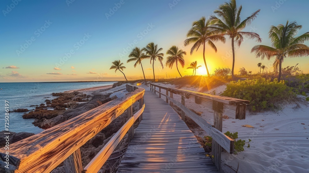Panoramic view of footbridge to the beach at sunrise. generative AI image