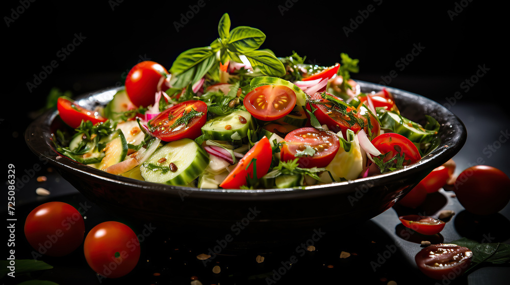 Healthy vegetable salad of fresh tomato, cucumber, onion, spinach, lettuce and sesame on plate. Diet menu.