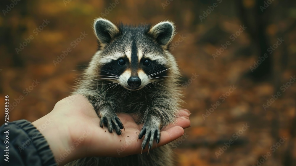  a raccoon being held in a person's hand in front of a blurry background of leaves.