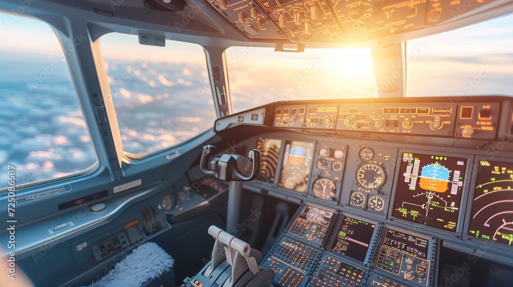 Bright civil airplane cockpit interior with control panel, pilot seats, and dashboard on a sunny day - obrazy, fototapety, plakaty 